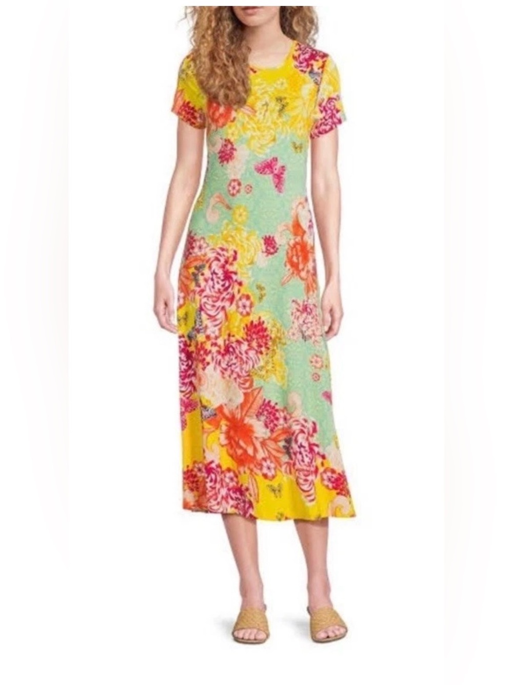 Johnny Was Janie Favorite Cap Sleeve Dress Charlie Floral Yellow Midi Size XS